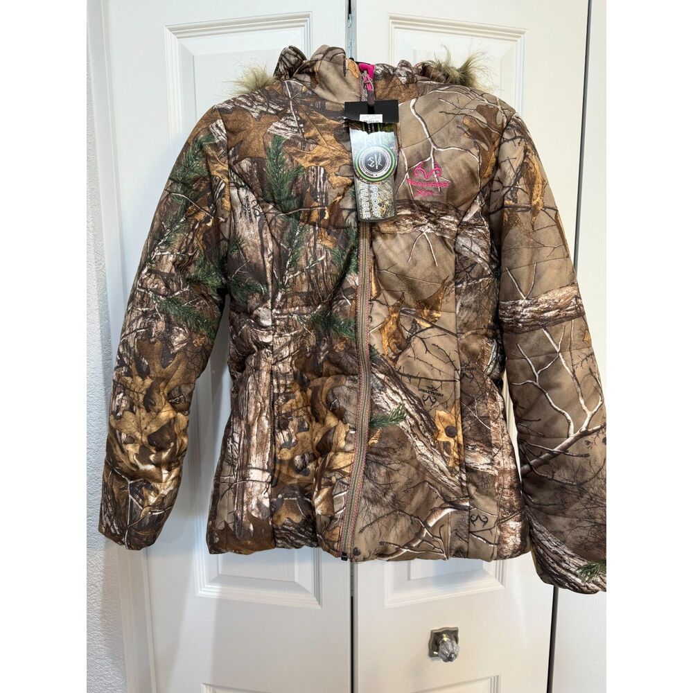 Realtree Camo Waterproof Pink Puffer Jacket Fur Trim Hood NWT Size Medium